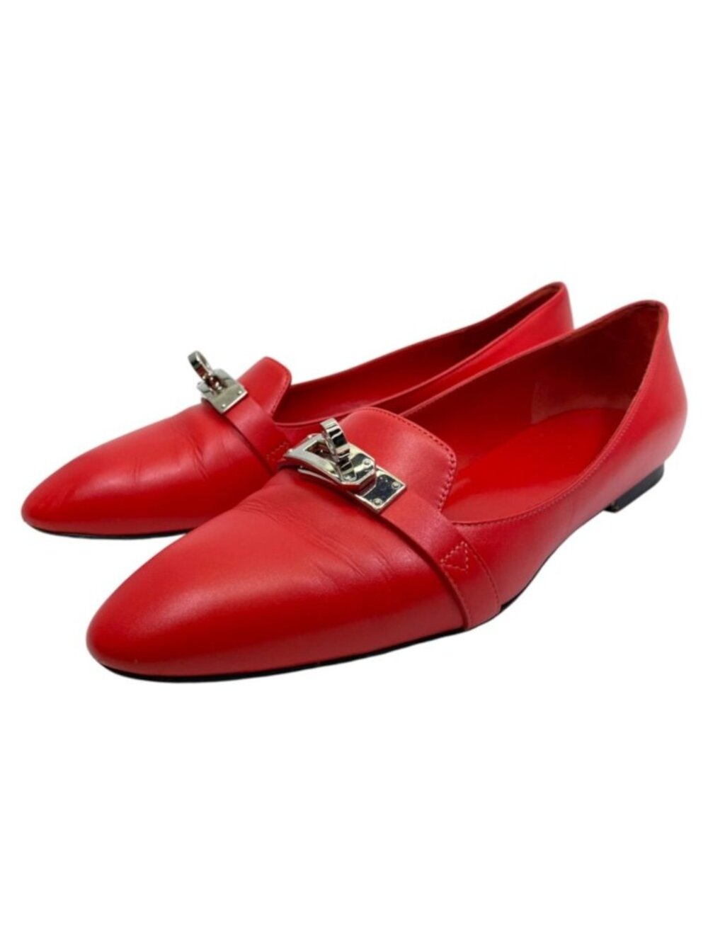 Hermes Kelly Flat Shoes Ballet Leather Red Silver